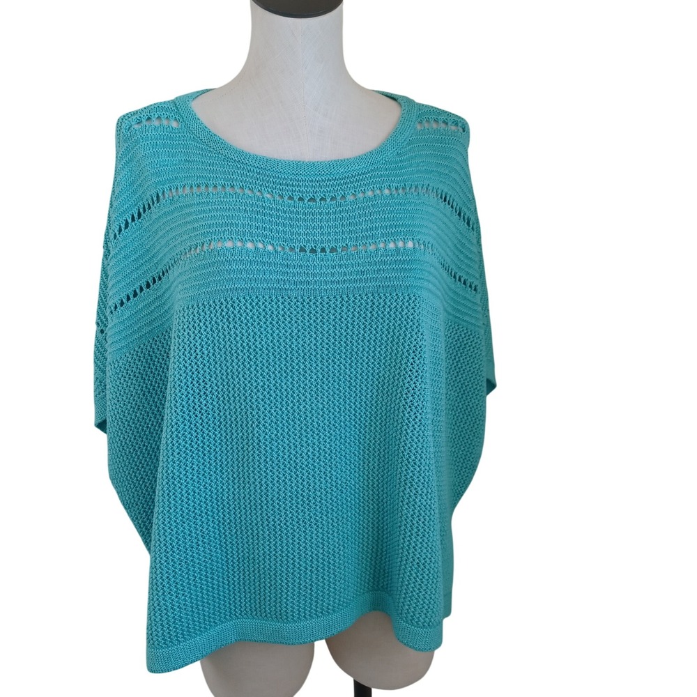 Chicos Turquoise Blue Pointelle Knit Poncho Top Cotton Blend S/M Relaxed Fit